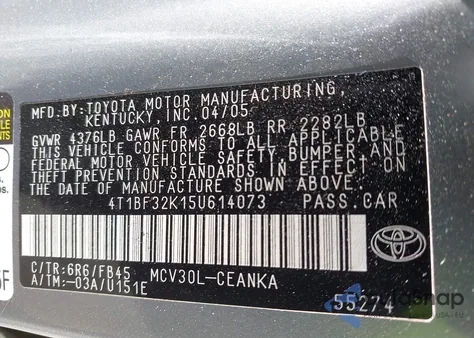2005 Toyota Camry Le z USA, uszkodzony, nr VIN 4T1BF32K15U614073